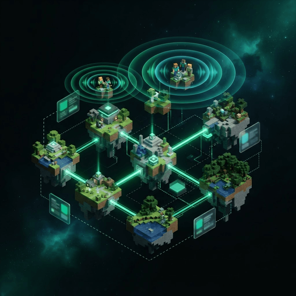 Voxel Minecraft servers connected by glowing emerald voice channels with spatial sound waves